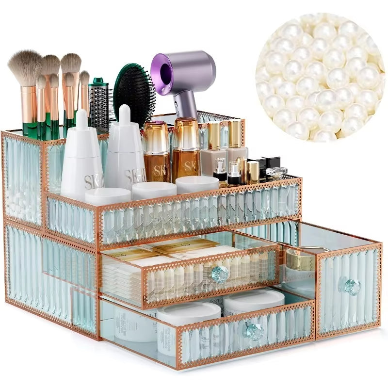 Luxury Tempered Glass Vanity Organizer for Makeup Hair Tools (Green)