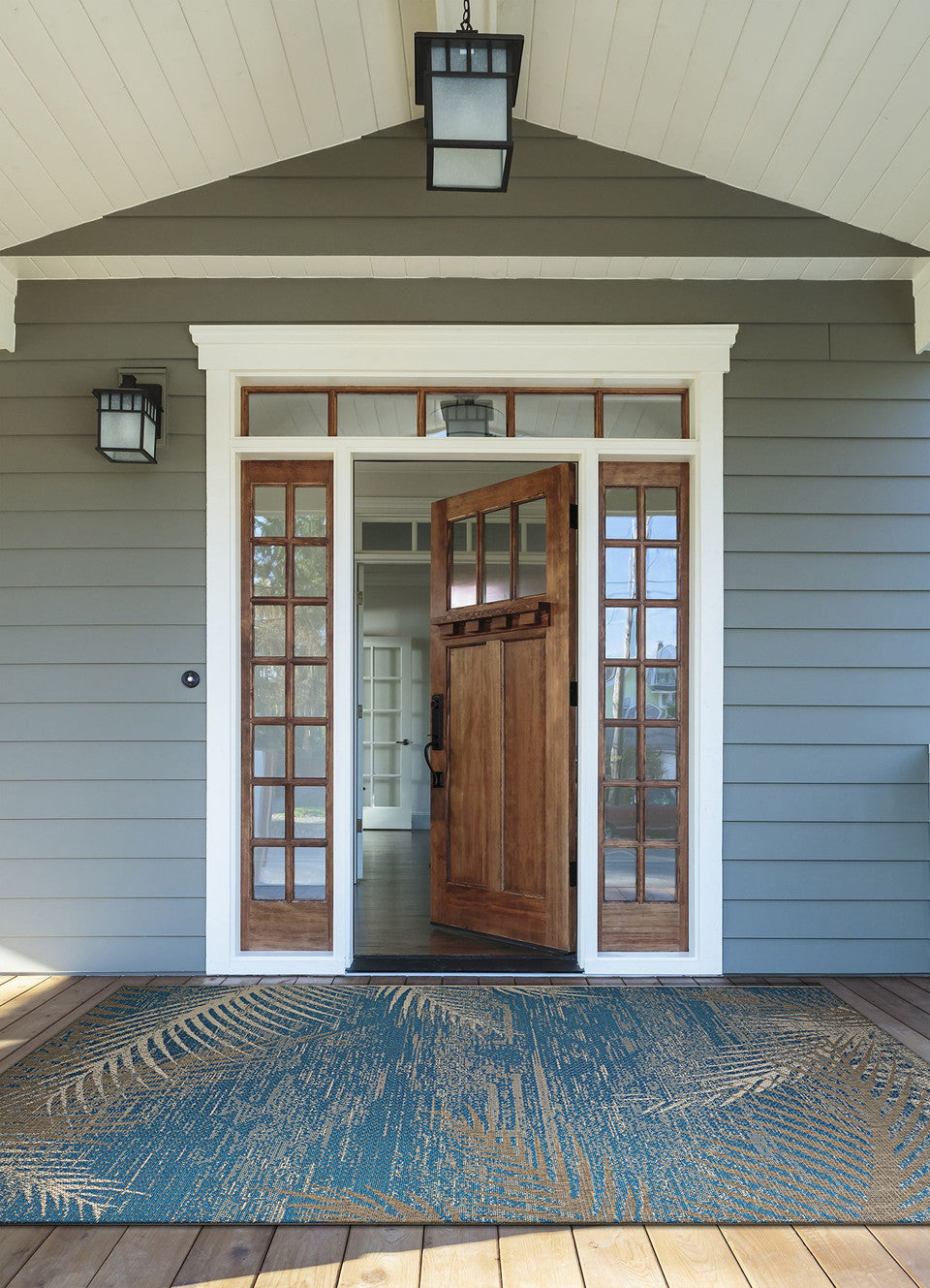 Coastal Blue &amp; Beige Patio Throw Rug