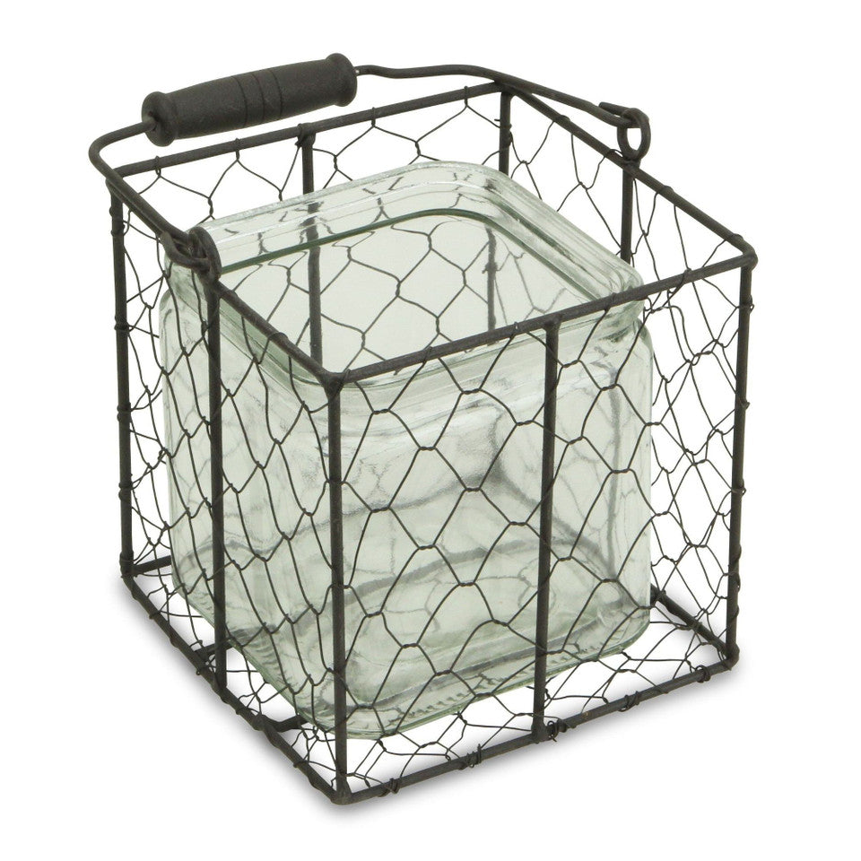 Decorative Square Glass Jar 5.5" with Handle & Basket