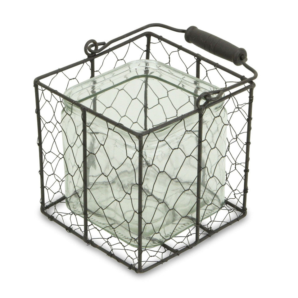 Decorative Square Glass Jar 5.5" with Handle & Basket