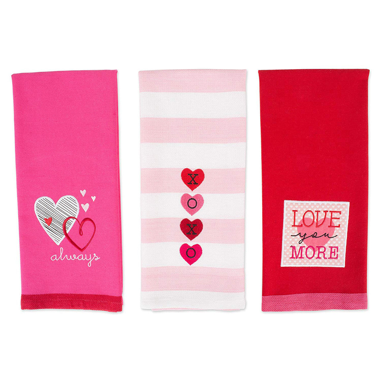 Heart Embroidered Rectangular Dishtowels Set of 3 Pink and Red