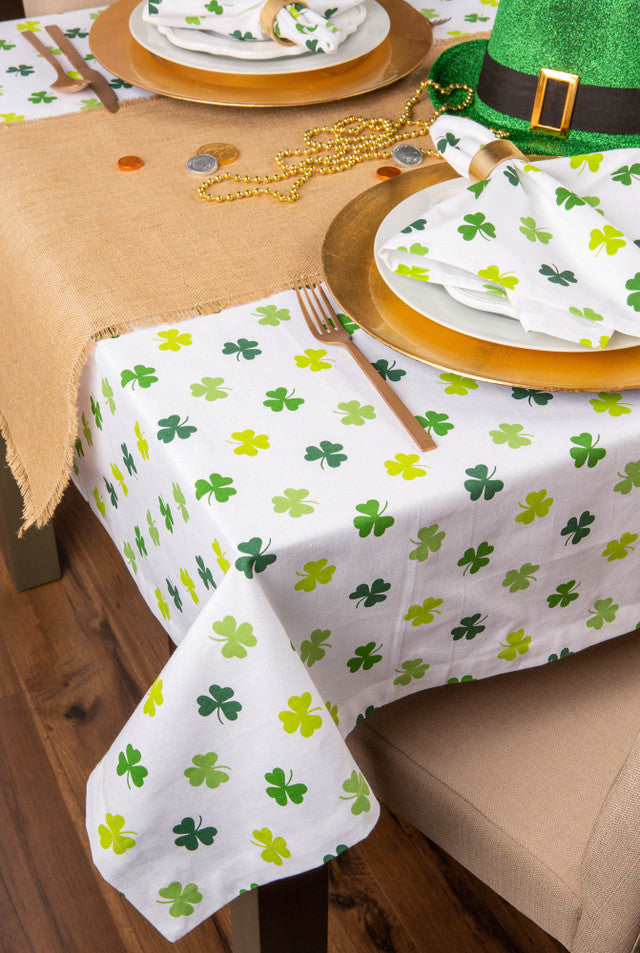 St Patricks Day Tablecloth White Green Shamrocks 84 Inch