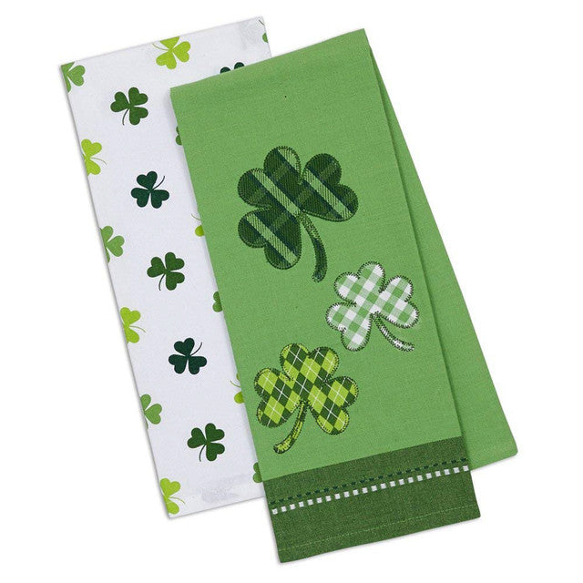 Set of 2 Shamrock Lucky Day Dishtowels Green and White