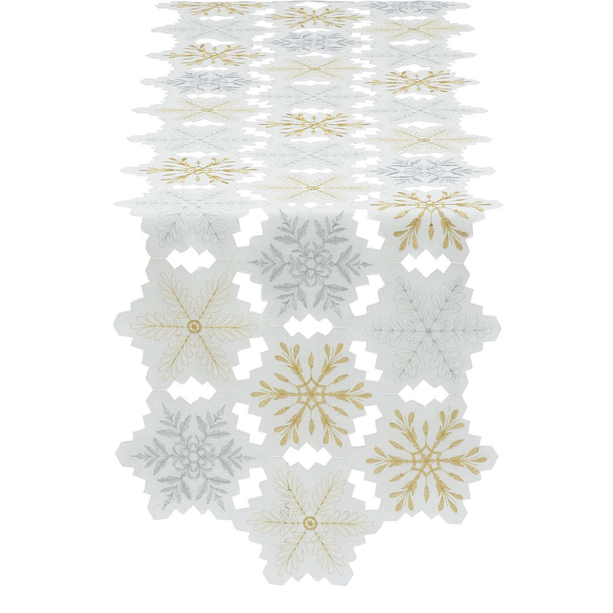 Elegant White and Gold Christmas Table Runner (54&quot;) Embroidered Snowflakes Holiday Decor