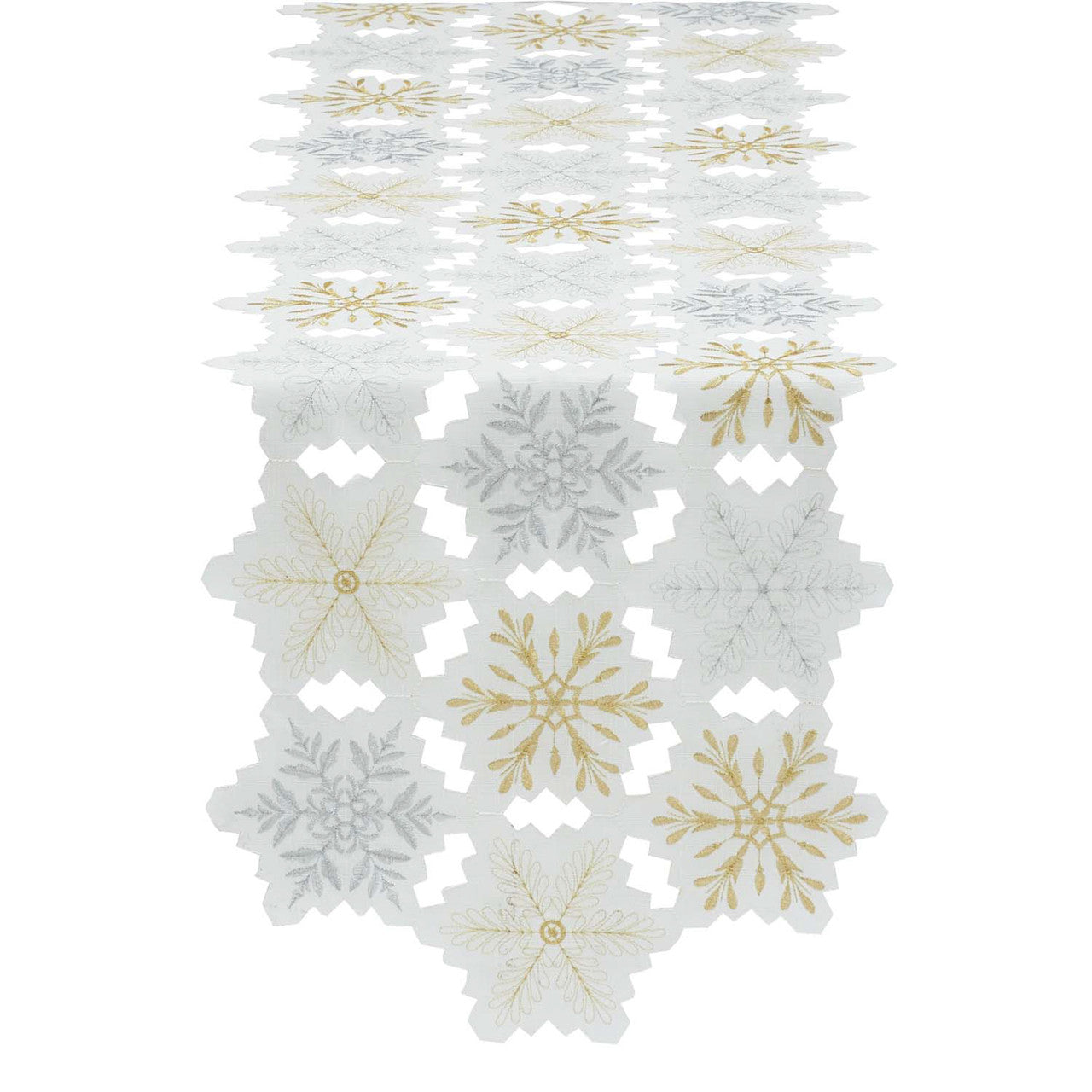 Elegant White and Gold Christmas Table Runner (54") Embroidered Snowflakes Holiday Decor