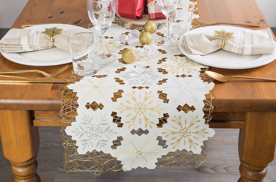 Elegant White and Gold Christmas Table Runner (54") Embroidered Snowflakes Holiday Decor