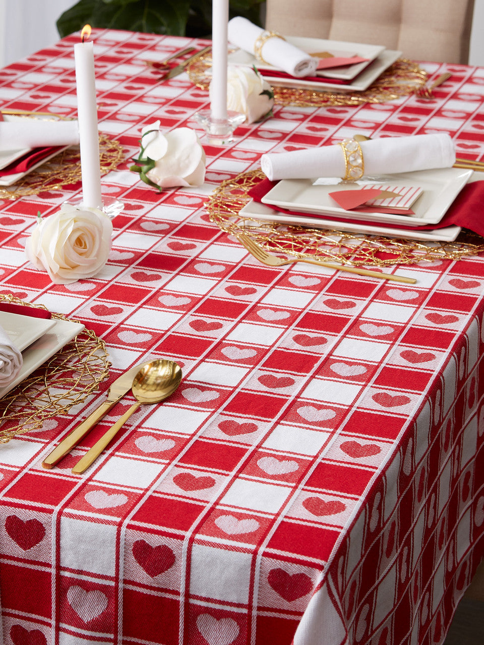 Red and White Hearts Woven Square Tablecloth 52" for Valentine's Day Decoration