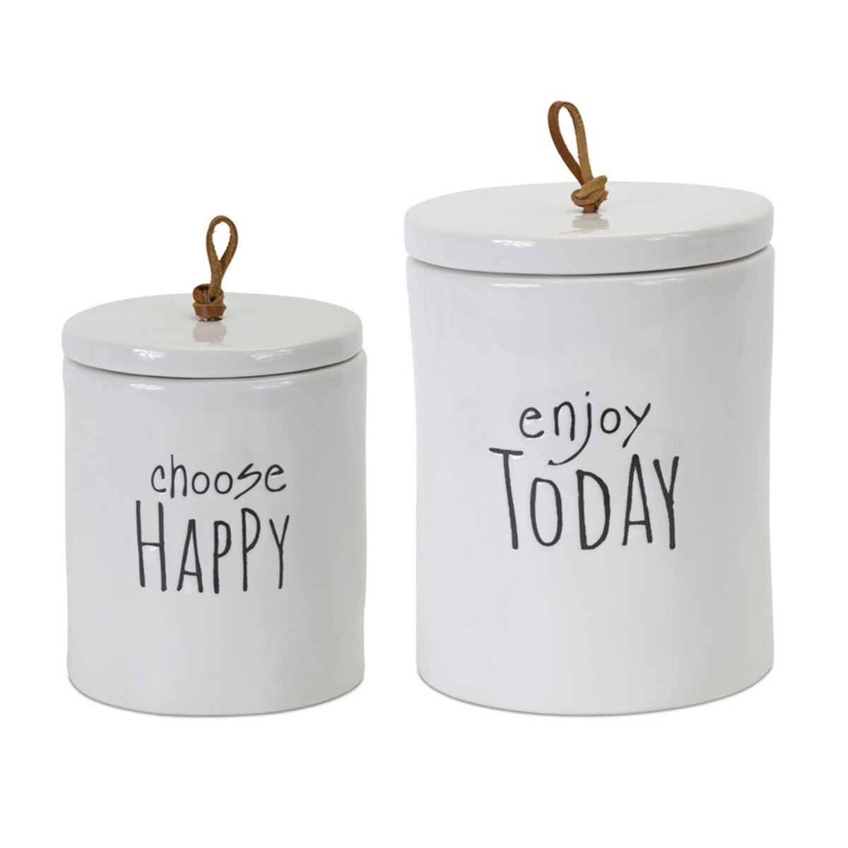 Set of 2 White Kitchen Canisters with Happy Today Quotes