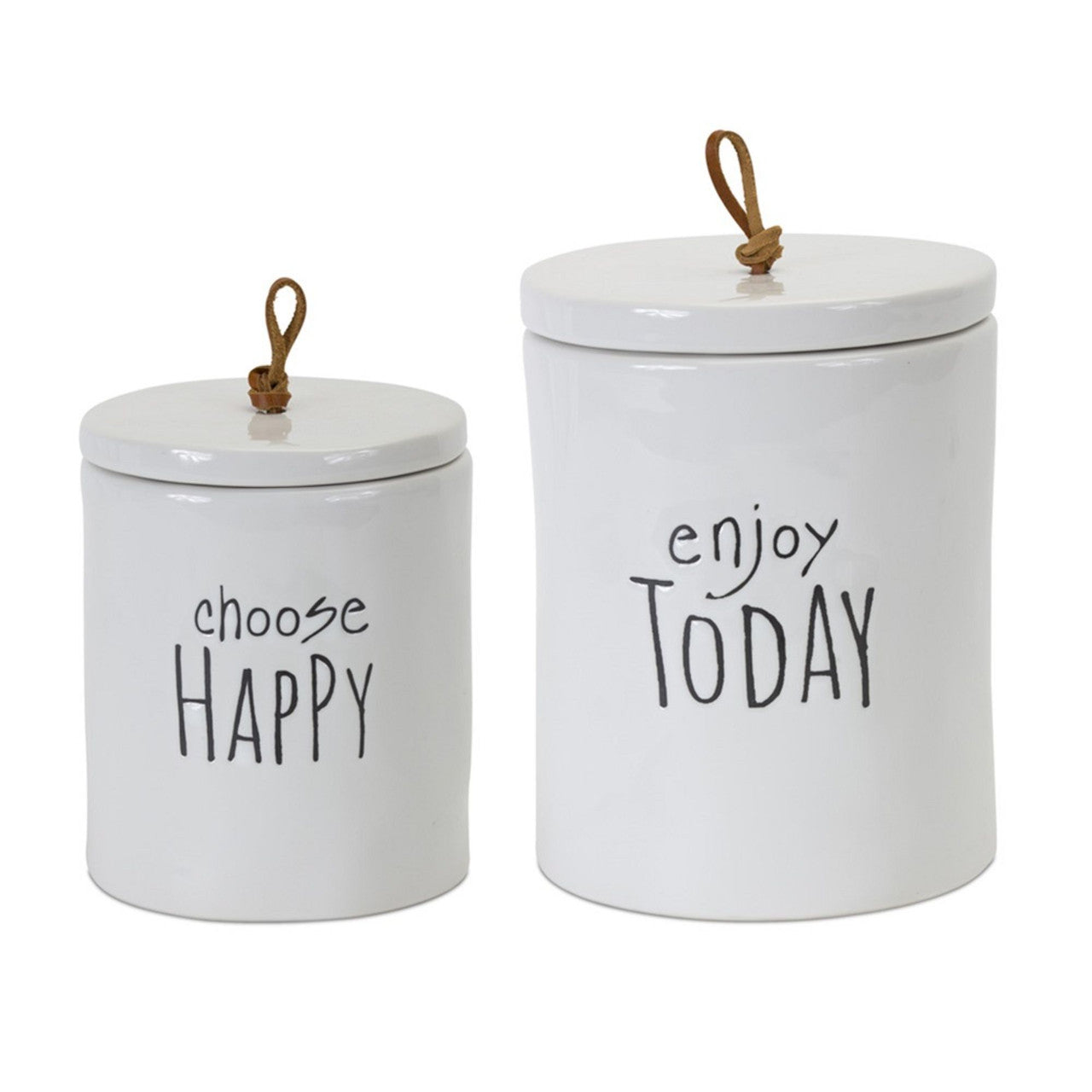 Set of 2 White Kitchen Canisters with Happy Today Quotes