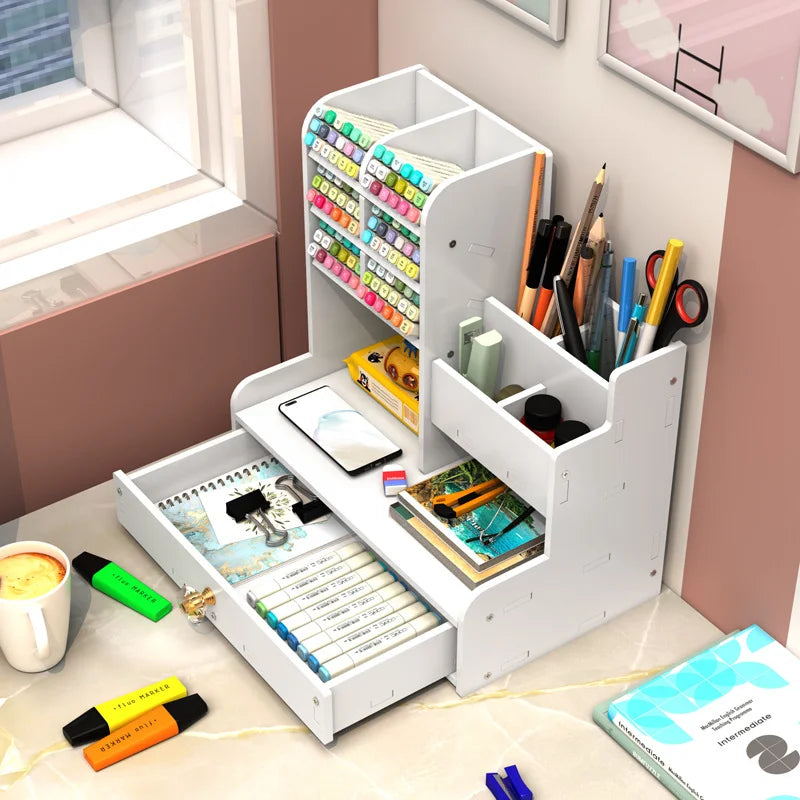 Desk Organizer Pen Holder Large Capacity Storage Box (White)