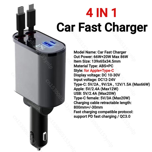 Retractable 86W Car Charger iOS Type C Fast Charging on the Go Car Charger