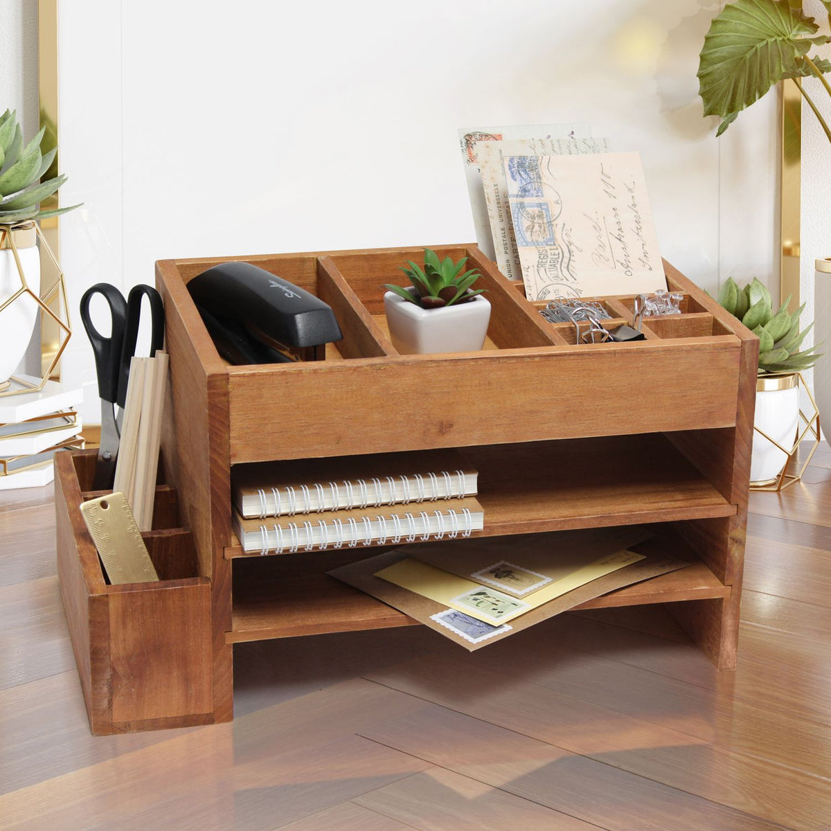 Desk Organizer with Tiers Cubbies Tray 15.5&quot;