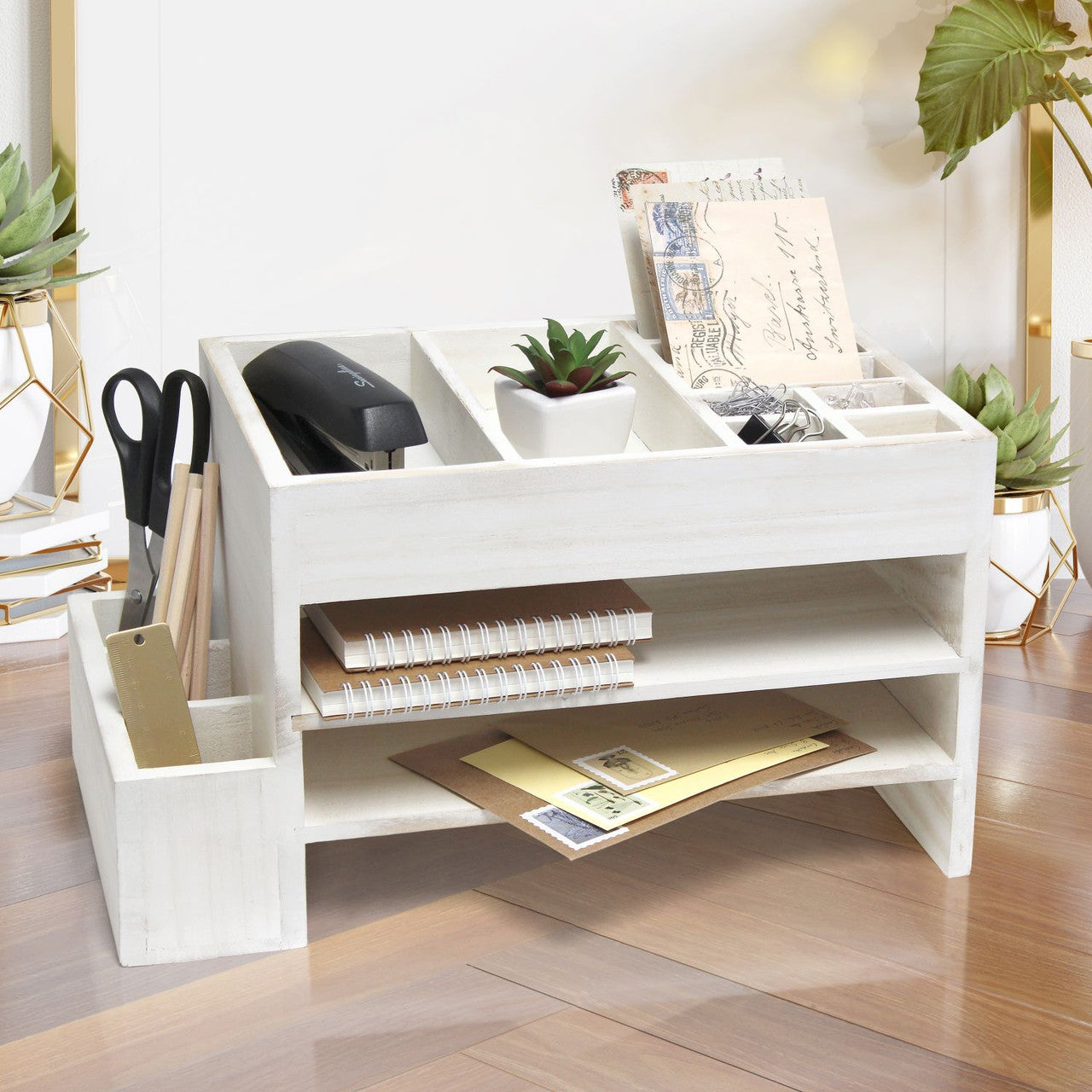Desk Organizer Storage 3-Tier Cubbies Letter Tray (White)
