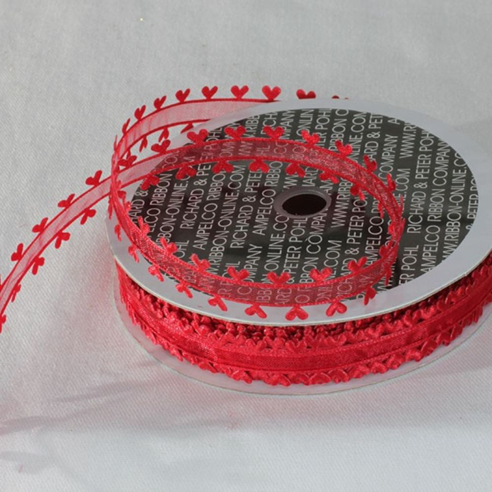Red Metallic Heart Edged Sheer Ribbon (0.6 Inch x 22 Yards)