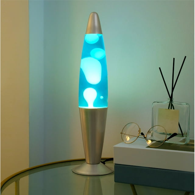 Blue Lava Motion Volcano LED Lamp 16", White Wax in Blue Liquid, Silver Metal Base