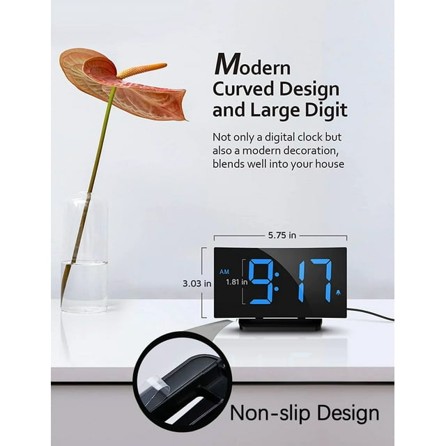 Clock with Modern Curved Design, Display Digital Alarm Clock for Bedrooms, 6 Levels Brightness, 3 Alarm Tones & 2 Volume, 9min Snooze, Battery Backup, 12/24Hr