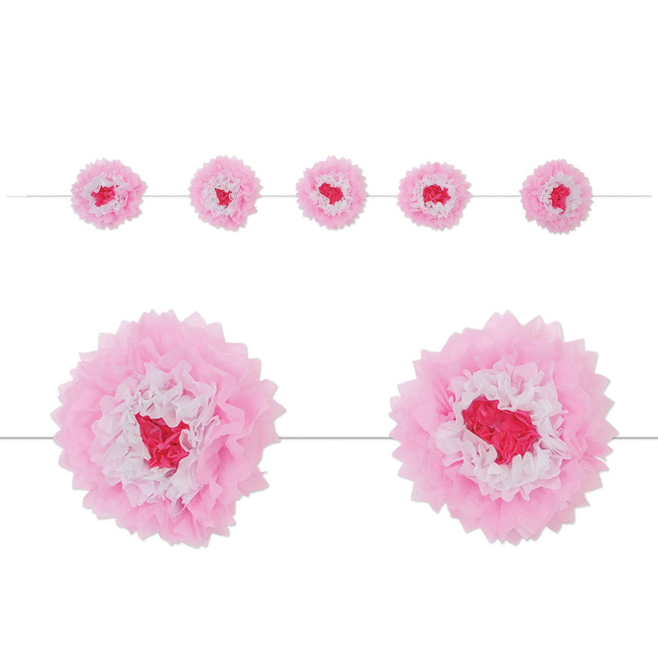 Pom Pom Tissue Fluff Garland Decors 8' Ombre Baby Pink and Red, Pack of 6