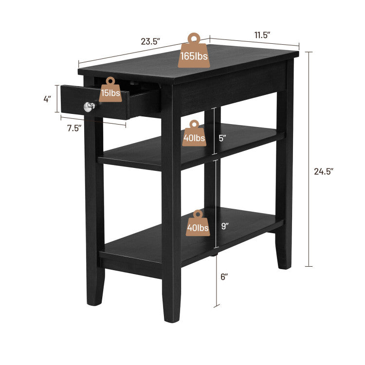 Side End Table with Drawer 2 Tier Open Shelves (Black)