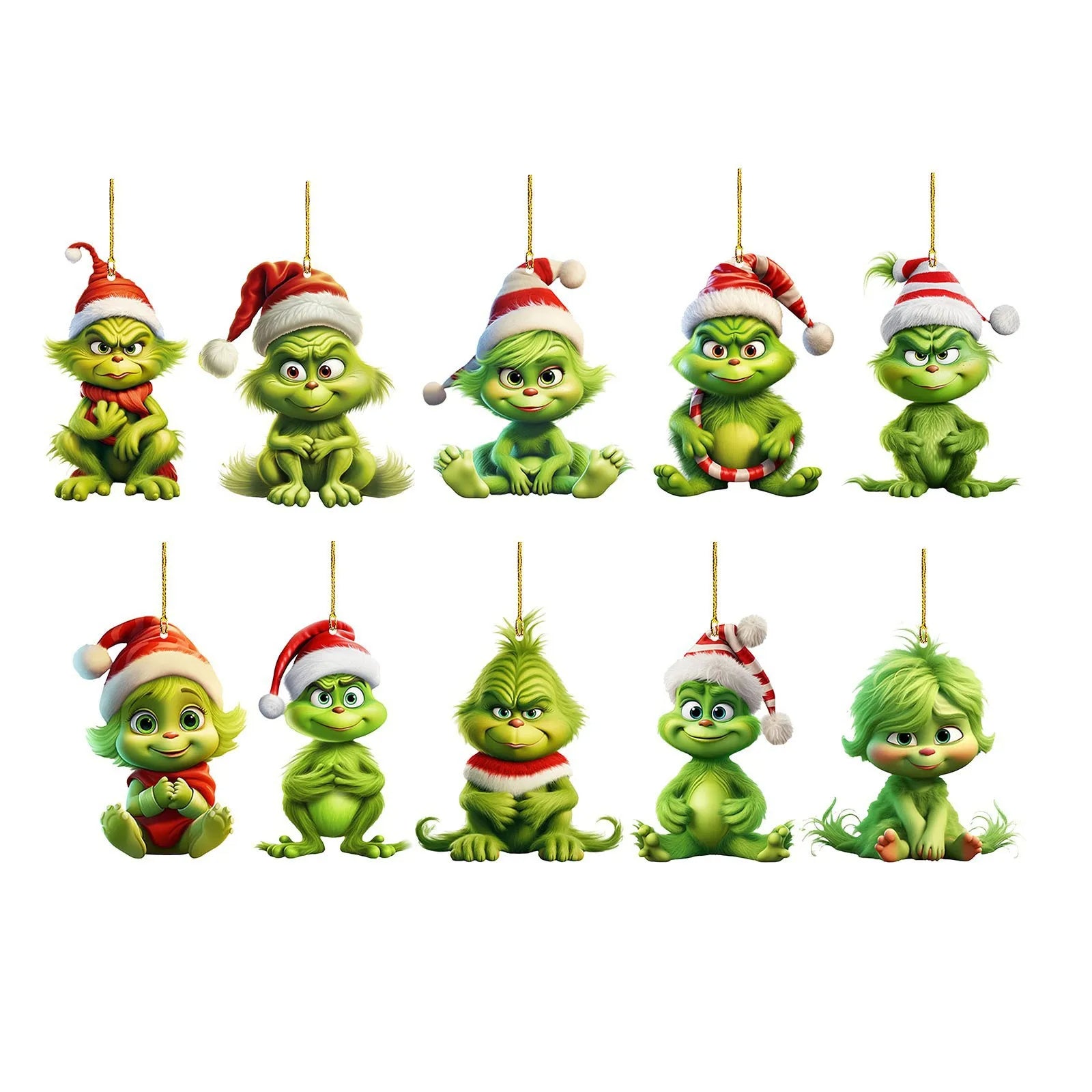 10pcs Acrylic Wooden Grinch Christmas Tree Ornaments