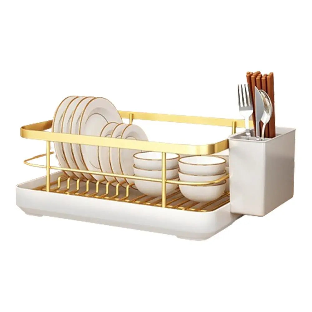 Dish Drying Rack with Utensil Holder Drip Tray (Gold)