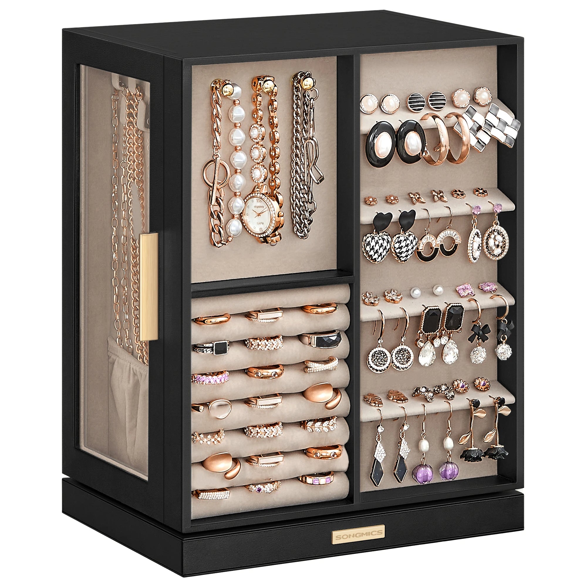 360° Rotating Jewelry Box 5 Drawers Glass Window (Graphite Black)