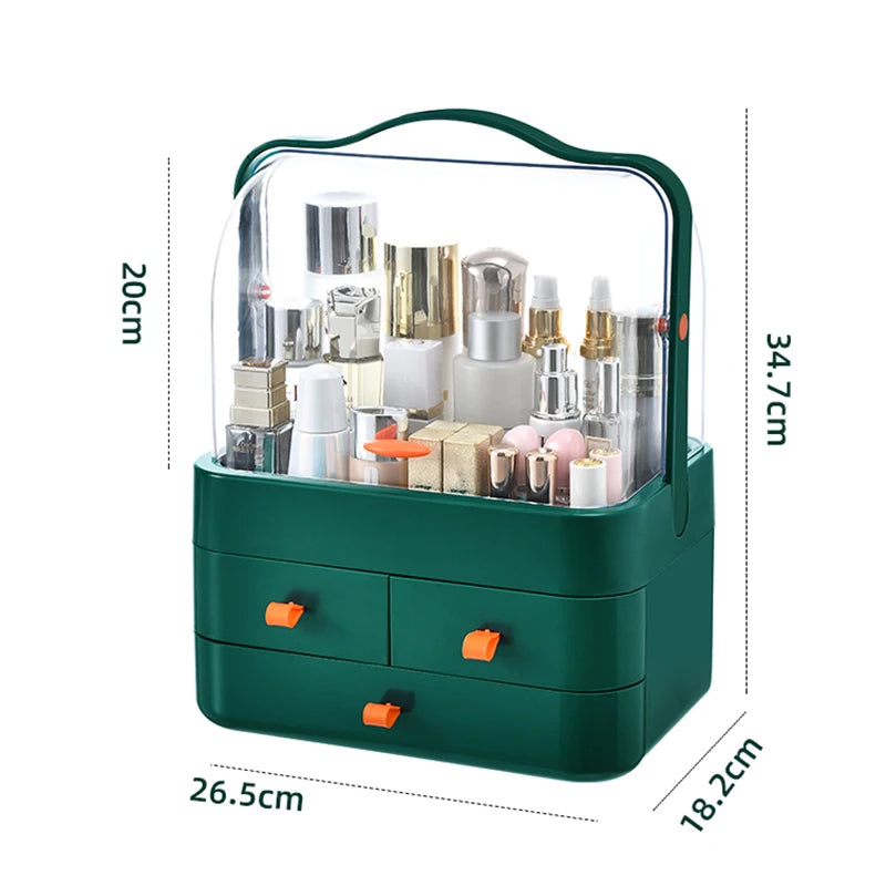 Makeup Organizer Dust-Proof Desktop Makeup Organizer with Drawer (Green)