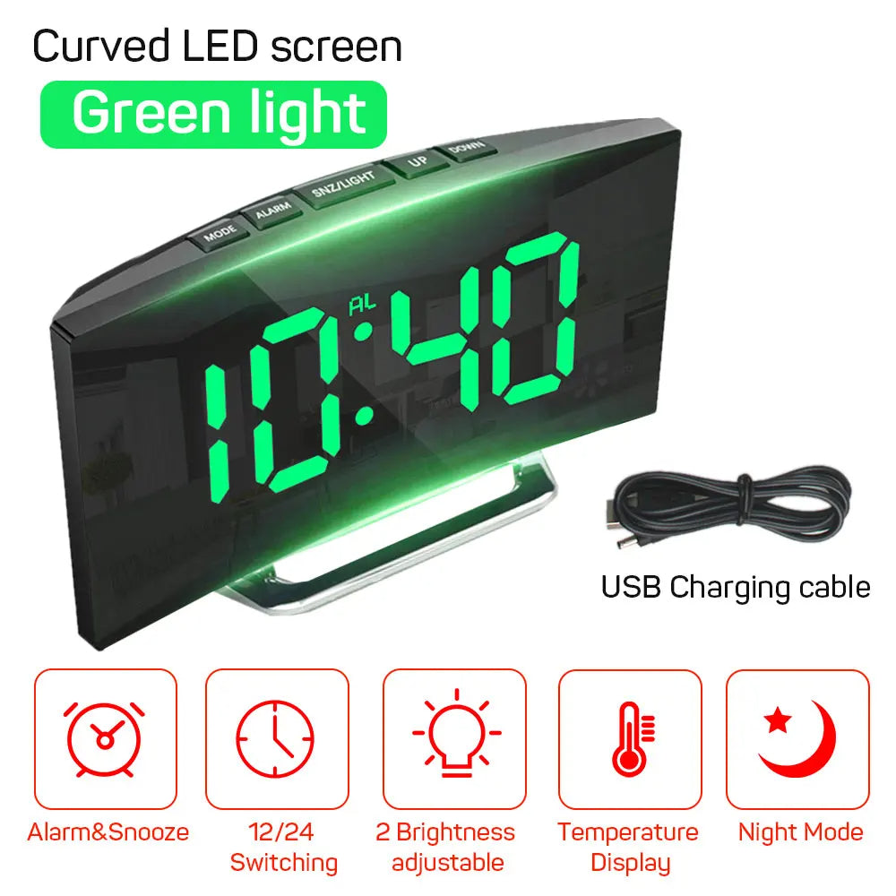 Curved Screen Digital LED Alarm Clock with Temperature Display (Green)