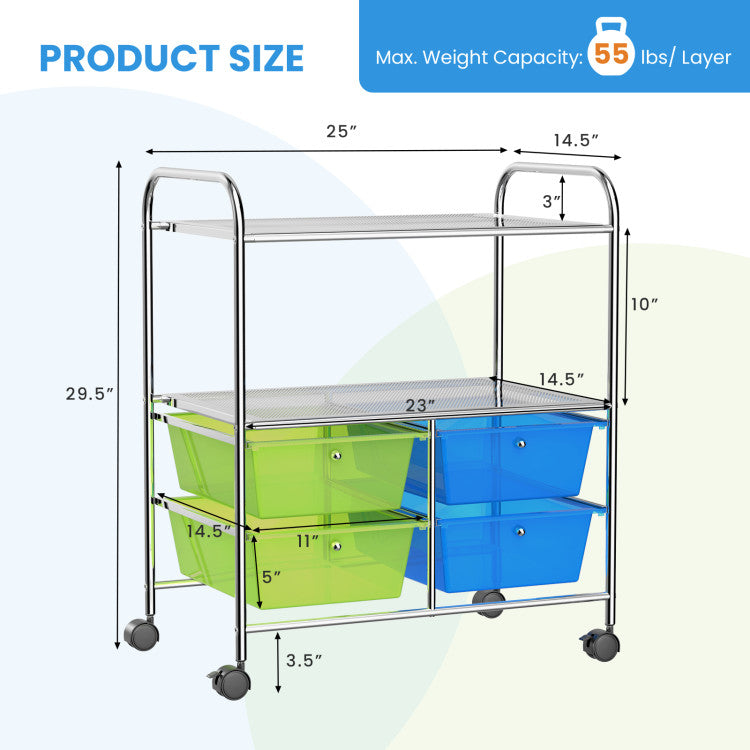 Storage Cart 4 Drawers Shelves Rolling Rack, Blue