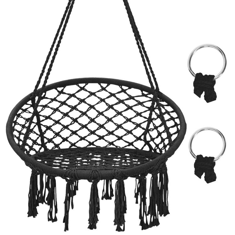 Hanging Macrame Hammock Chair with Handwoven Cotton Backrest, Black