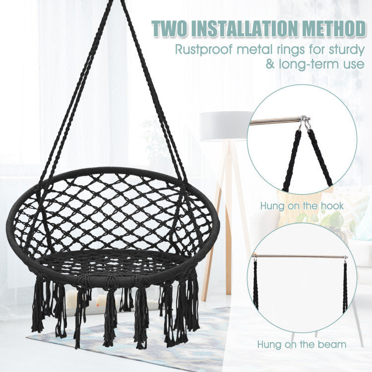 Hanging Macrame Hammock Chair with Handwoven Cotton Backrest, Black