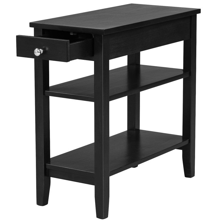 Side End Table with Drawer 2 Tier Open Shelves (Black)
