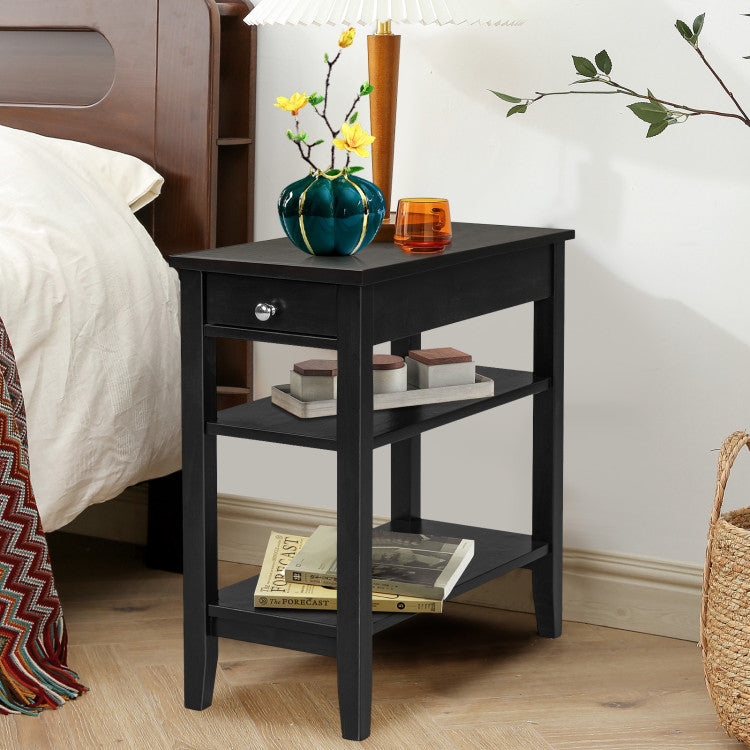 Side End Table with Drawer 2 Tier Open Shelves (Black)