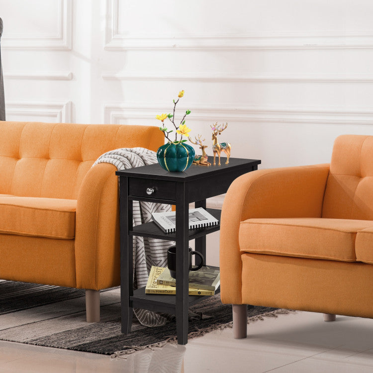 Side End Table with Drawer 2 Tier Open Shelves (Black)