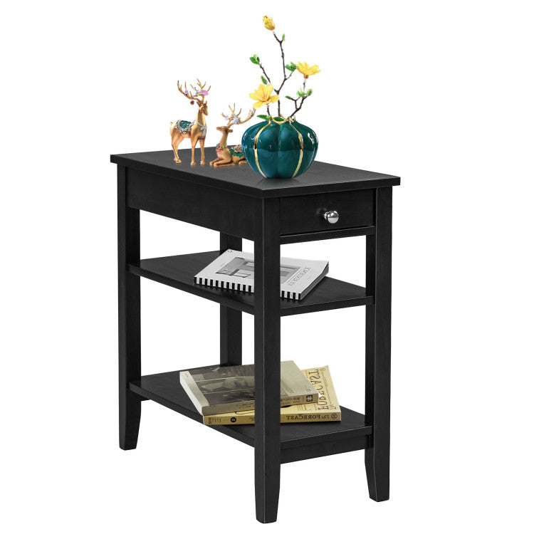 Side End Table with Drawer 2 Tier Open Shelves (Black)