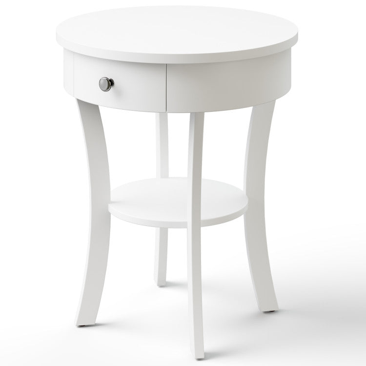 Round Wood End Table 2 Tier with Open Drawer, White