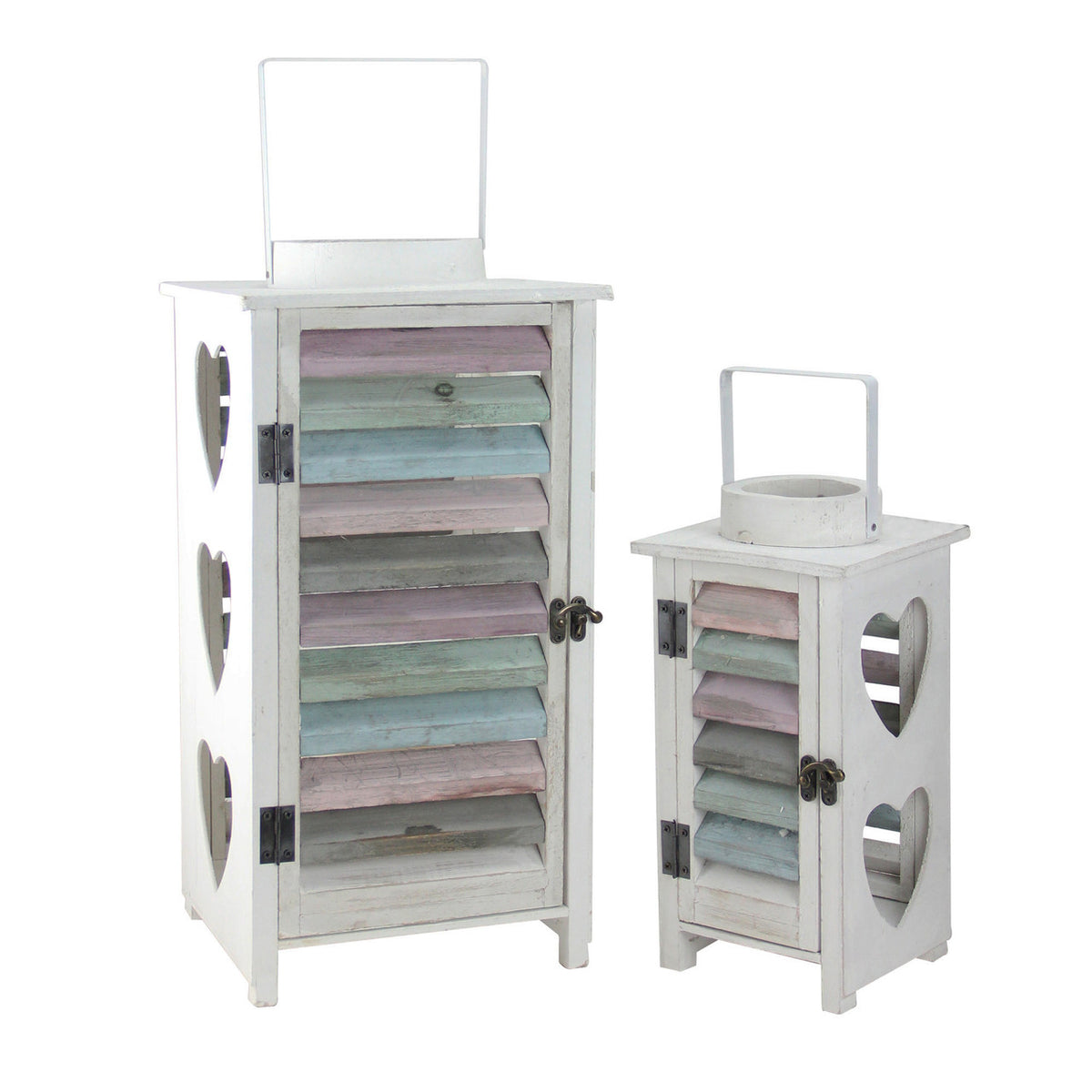 Set of 2 Weathered Wooden Lanterns with Shutters