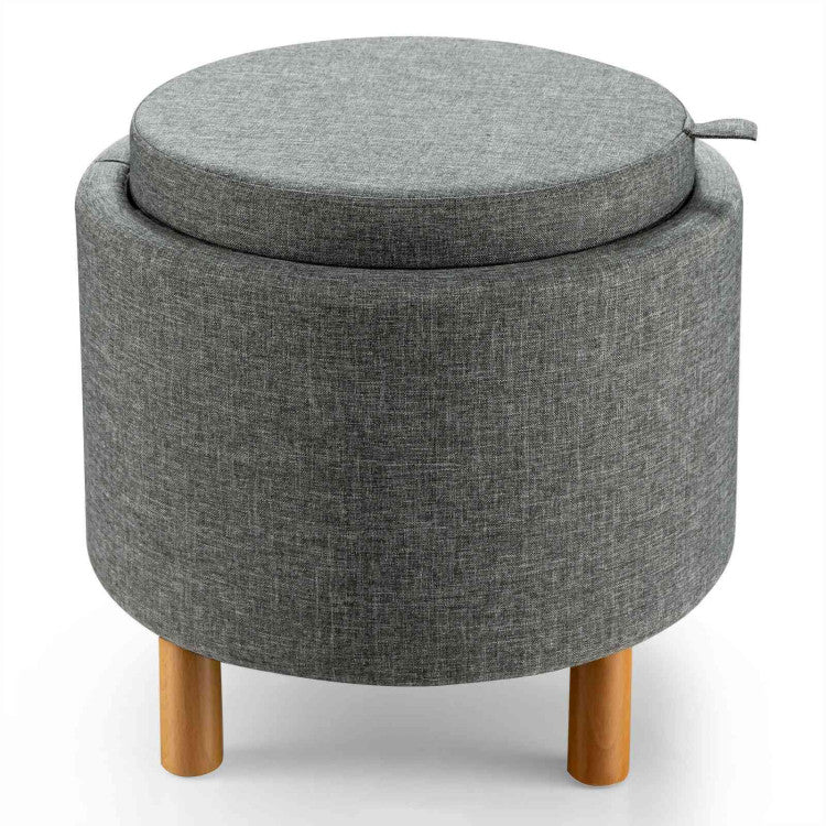 Round Fabric Storage Ottoman with Tray Non Slip Pads for Bedroom (Gray)