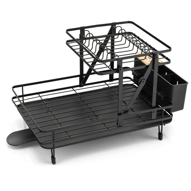 Folding Dish Drainer Rack with Removable Drip Tray (Black)