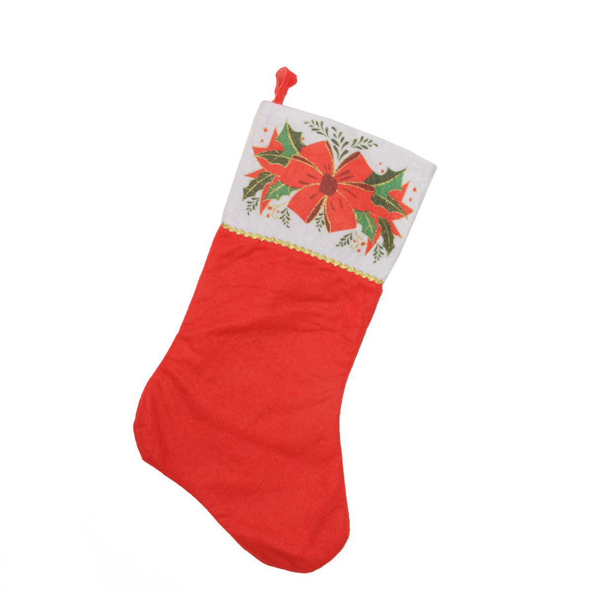 Traditional Christmas Stocking 19 Inch Red and White with Mistletoe Bow Cuff Decoration