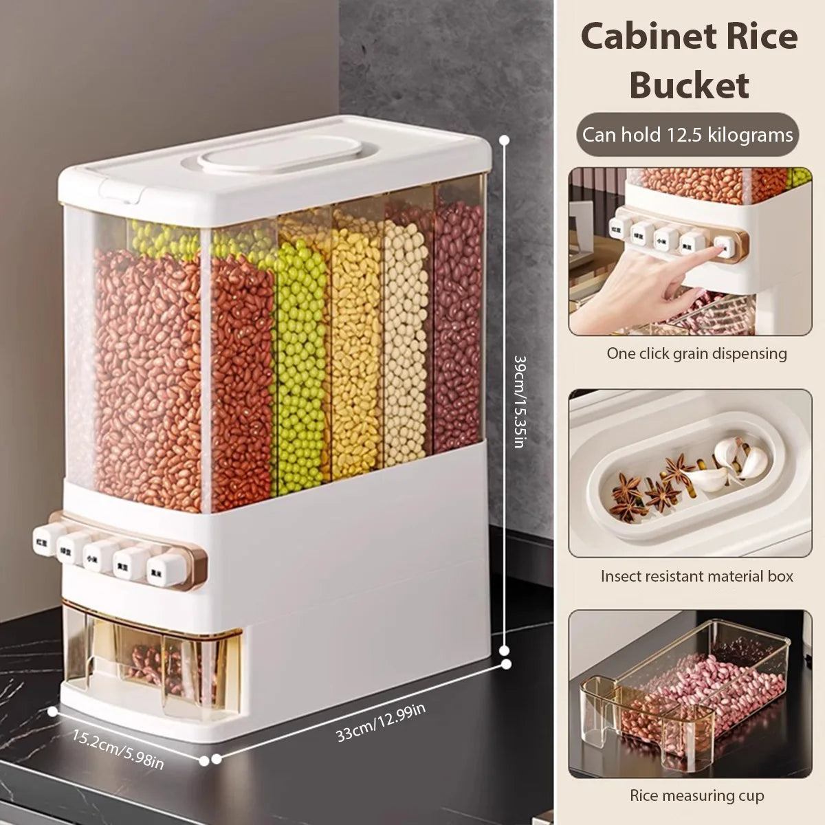 Dry Food Dispenser 12.5KG 5 Grids Food Grade Grain Storage Box