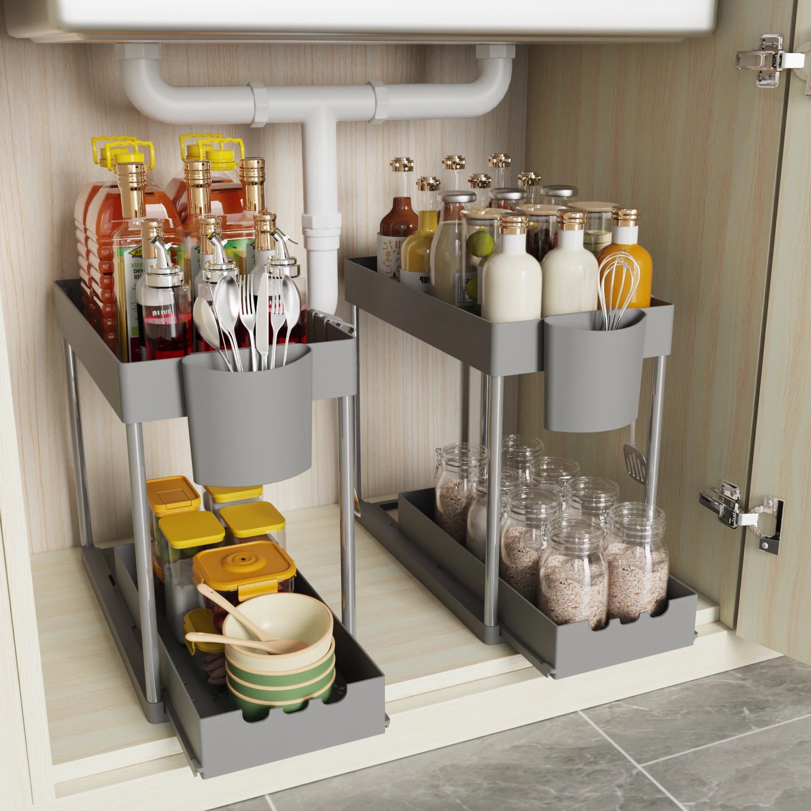 Sliding Cabinet Storage 2-Tier for Kitchen Bathroom Storage (Light Gray)