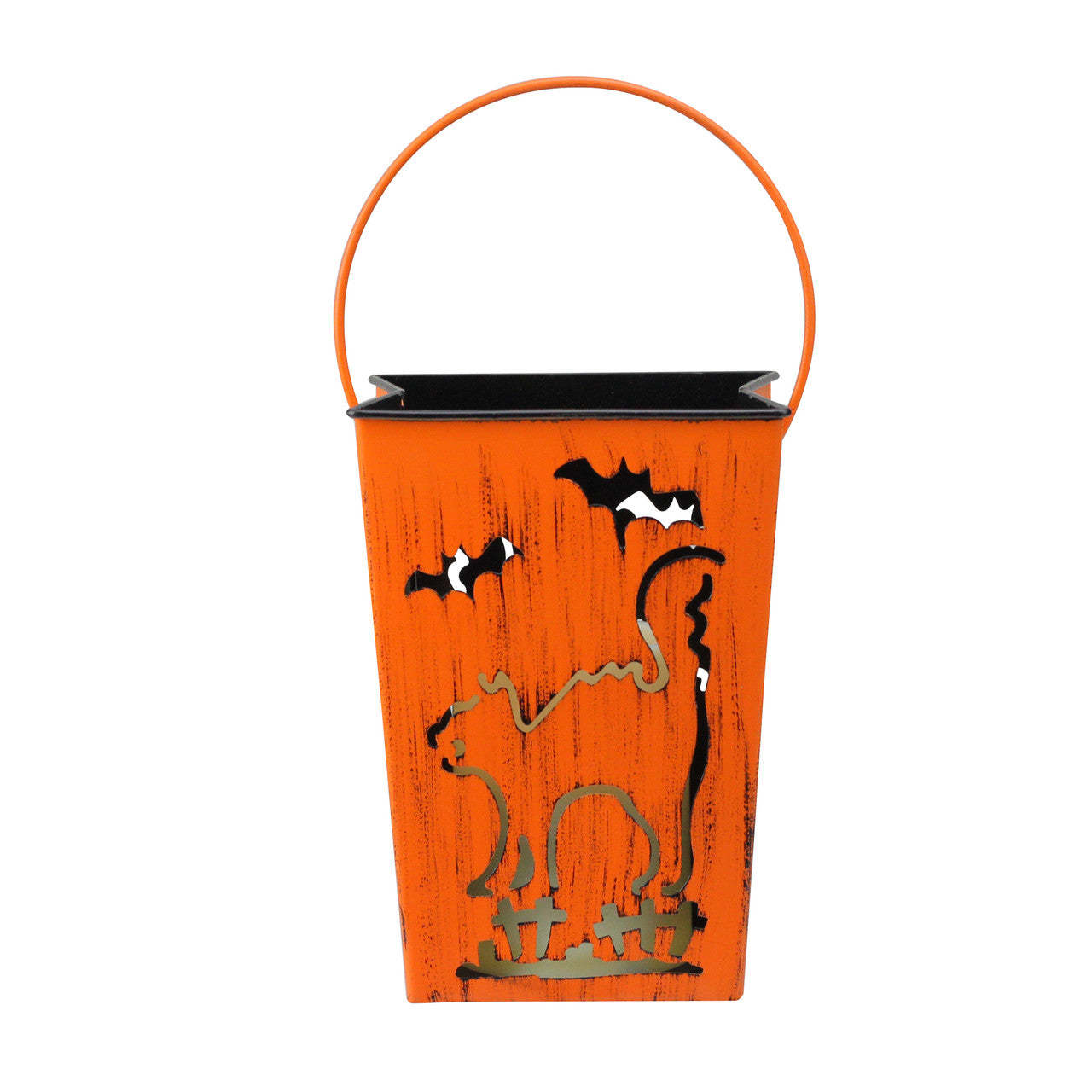 Halloween Candle Lantern Luminary 7.25" Orange Cat and Bats