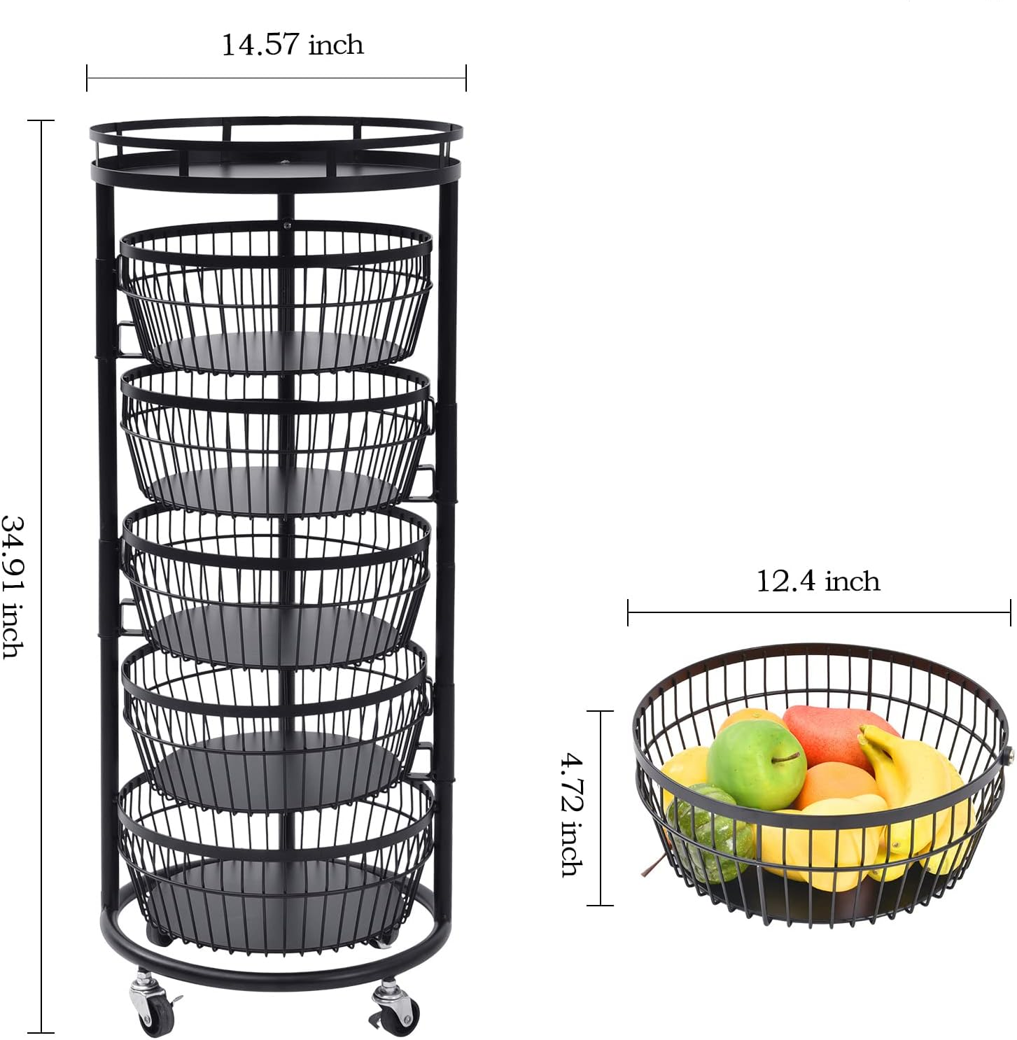 Kitchen Storage 6 Tier Tower Circle Basket Shelves Organizer on Rolling Wheels with Detachable Drawers