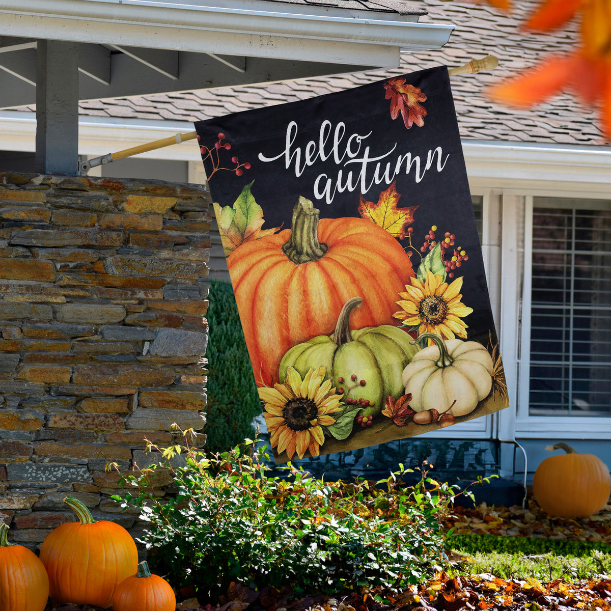 Hello Autumn Outdoor Fall Harvest Decor with Pumpkins and Sunflowers (40&quot; x 28&quot;)