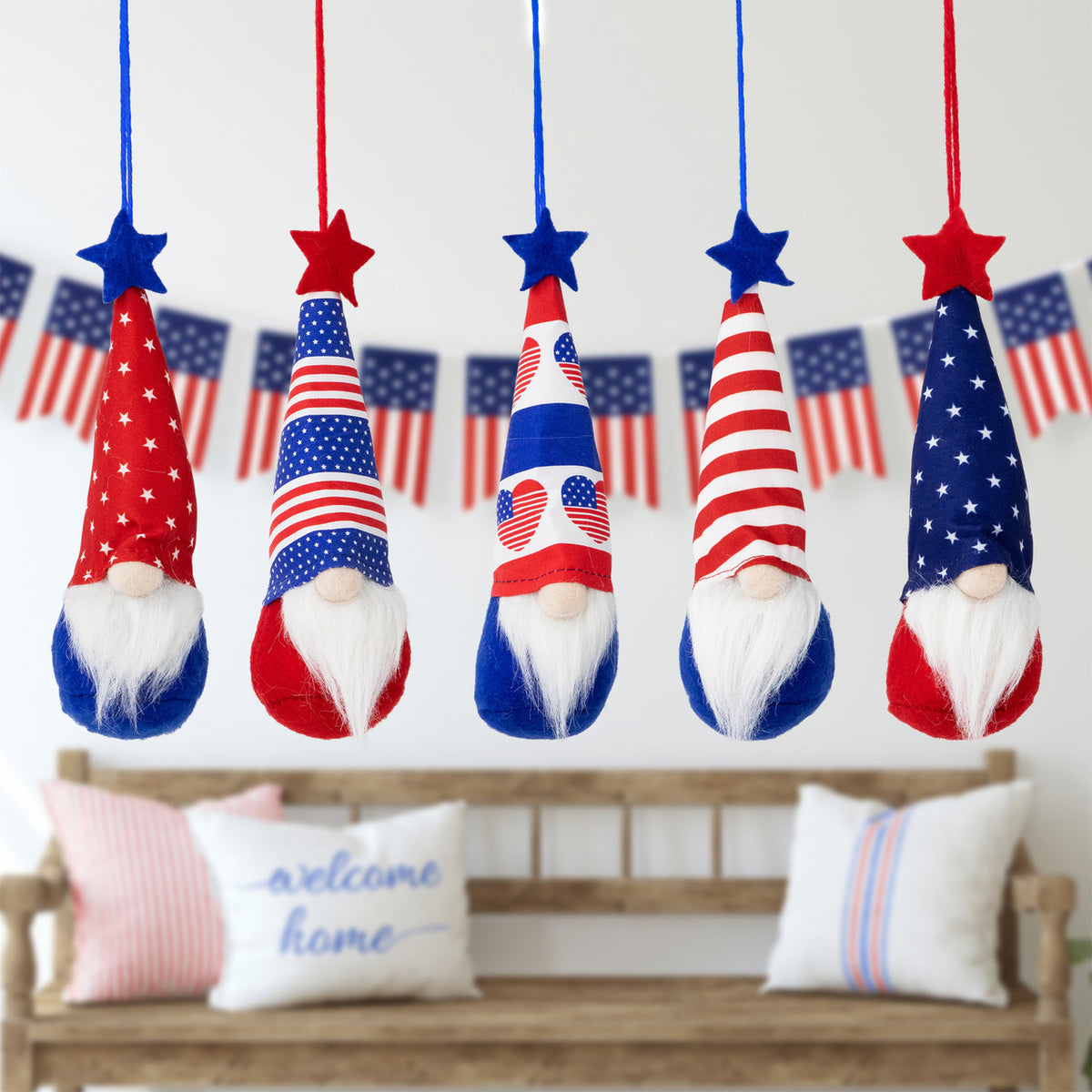 6.75&quot; Patriotic Gnome Ornaments Hearts Stars Stripes Set