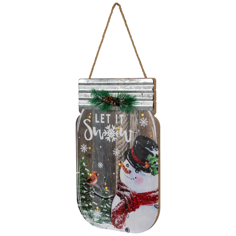 Snowman Mason Jar Let It Snow Christmas Wall Sign 13.5"