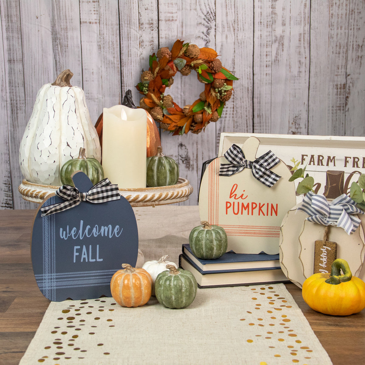 Welcome Fall Hi Pumpkin Hanging Plaques with Bows 8&quot; Rustic Wooden Fall Decor Set