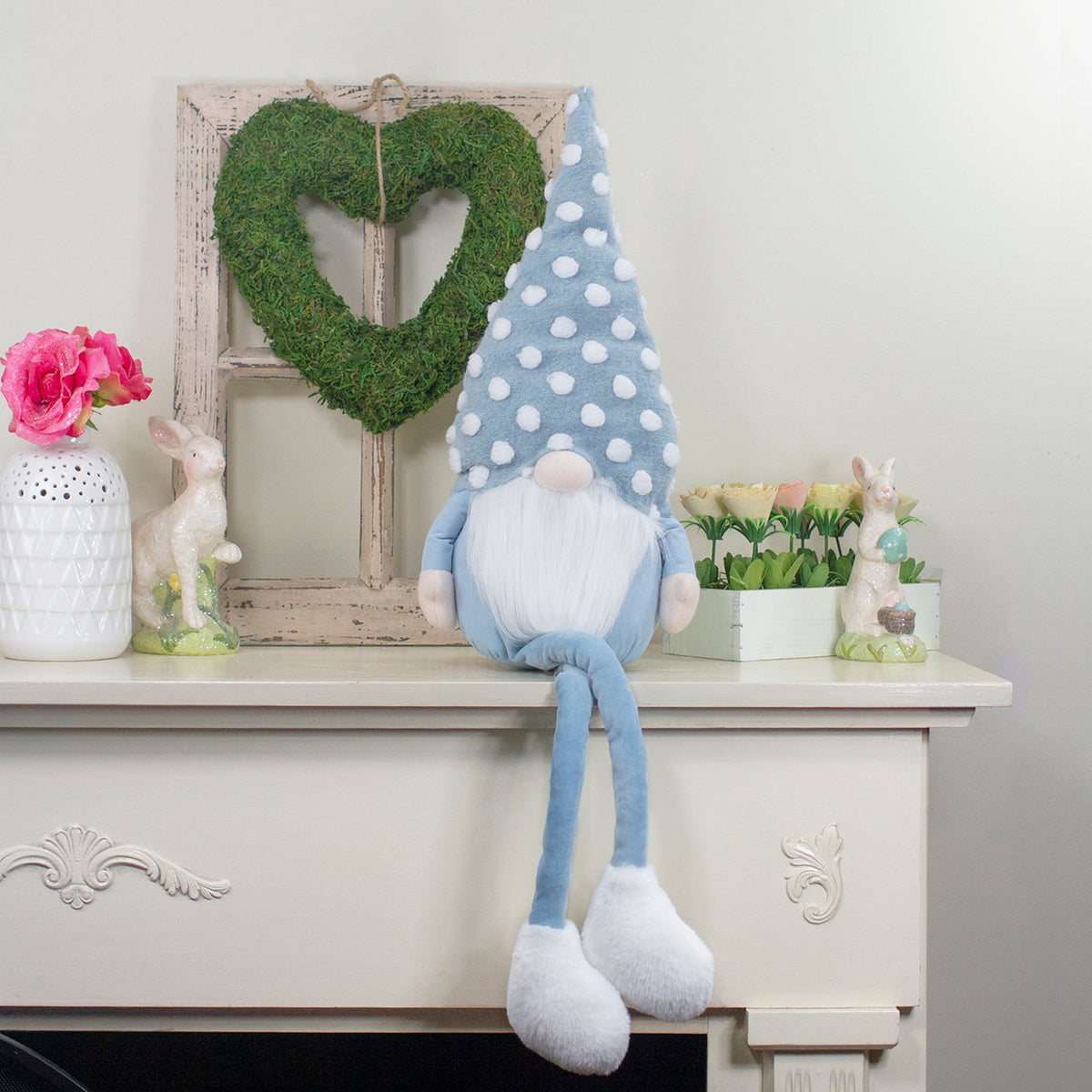 Spring Gnome 34&quot; Blue White Polka Dot Hat Decor