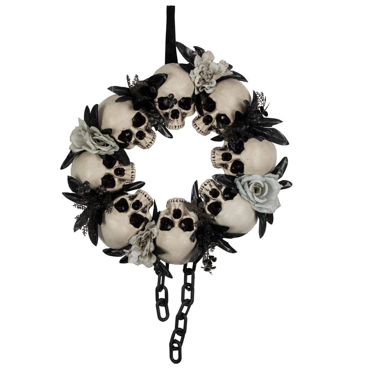 Halloween Wreath 15" Skulls and Chains with Gray Roses