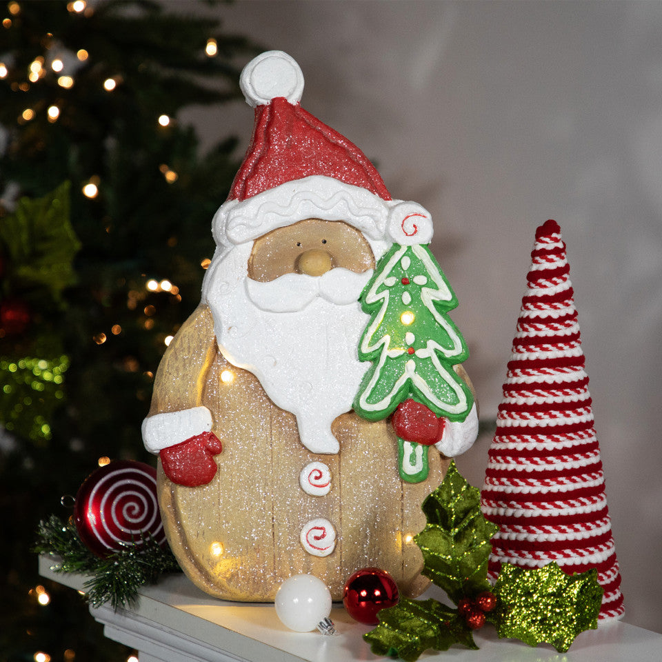 Glittered Gingerbread Santa Claus Figure (15.5 Inch) LED Lighted Christmas Tabletop Decor